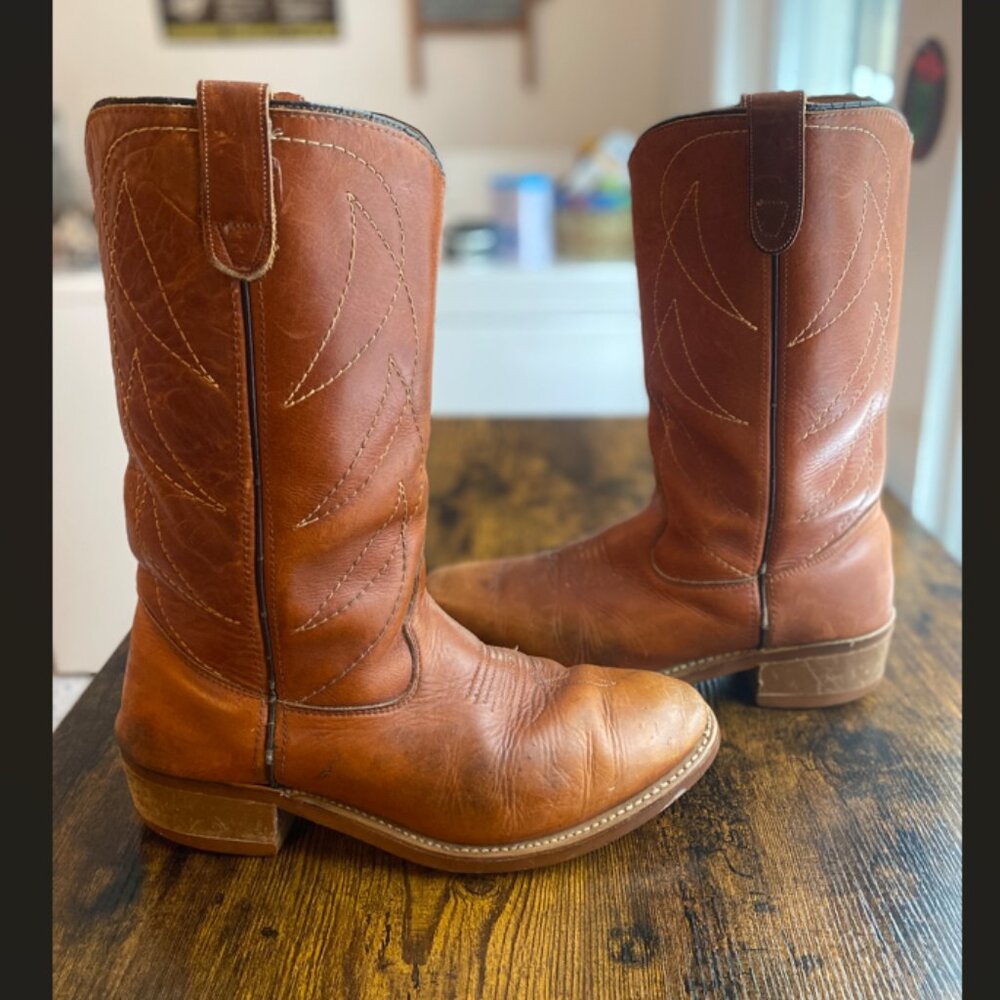 Vintage 1970s Double H Leather Cowboy Boots Men's Size 8.5 Unisex Western - Picture 3 of 13